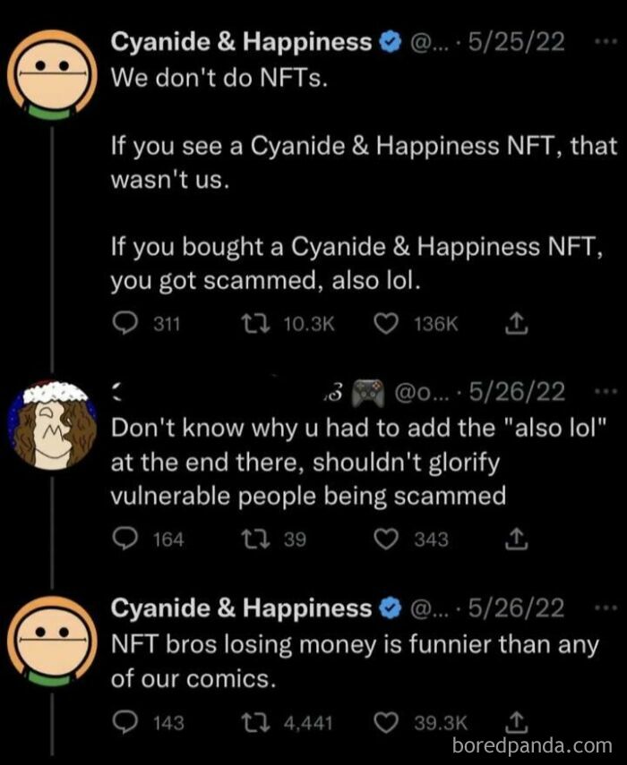 Cyanide & Happiness tweets warning about fake NFTs and scammers