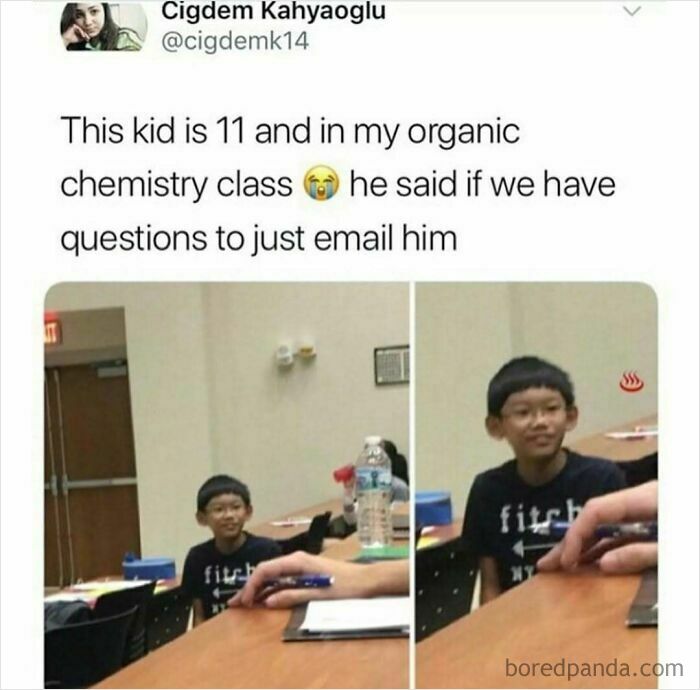Random meme of 11-year-old in organic chemistry class offering help via email