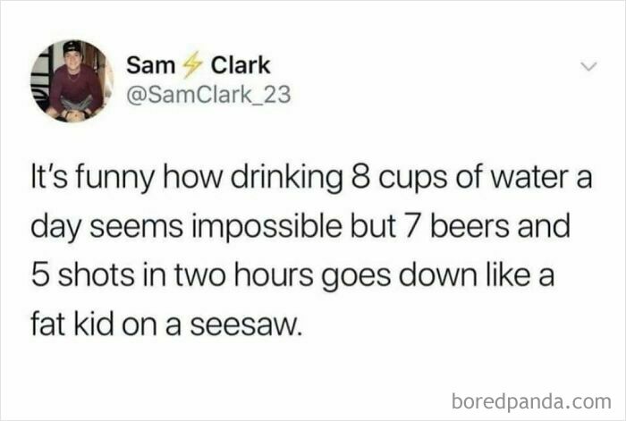Tweet about drinking water versus alcohol in funny random memes