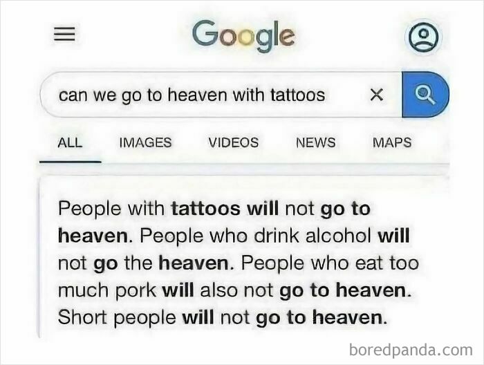 Google search results about tattoos and going to heaven meme