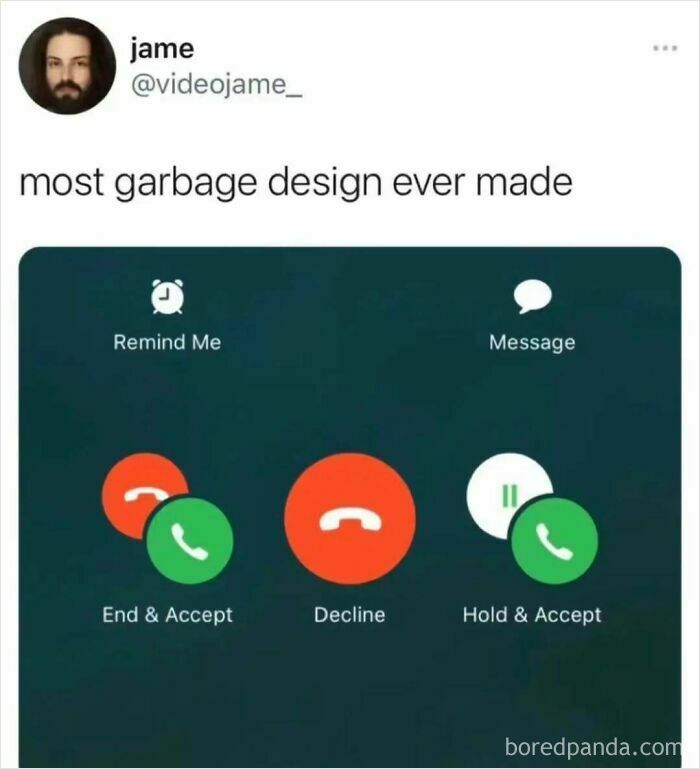 Random meme criticizing confusing phone call design layout