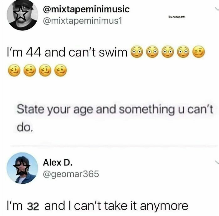 Funny random meme about being 44 and not knowing how to swim