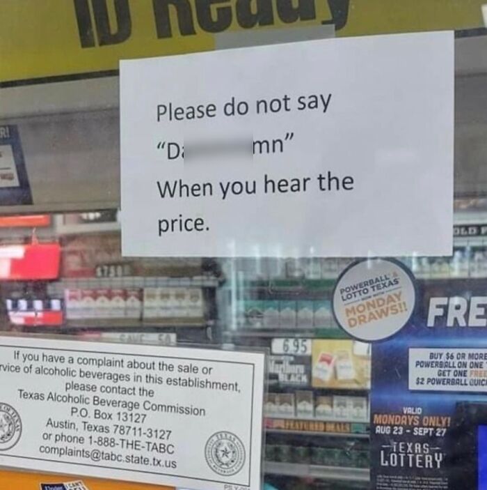 Sign asking customers not to swear at price of alcohol random funny meme