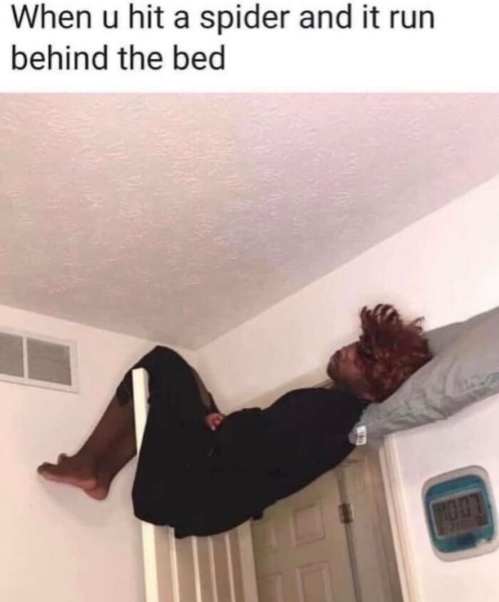Random meme of a person lying on wall like spider hiding behind bed