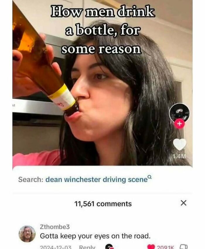 How men drink meme referencing dean winchester driving scene