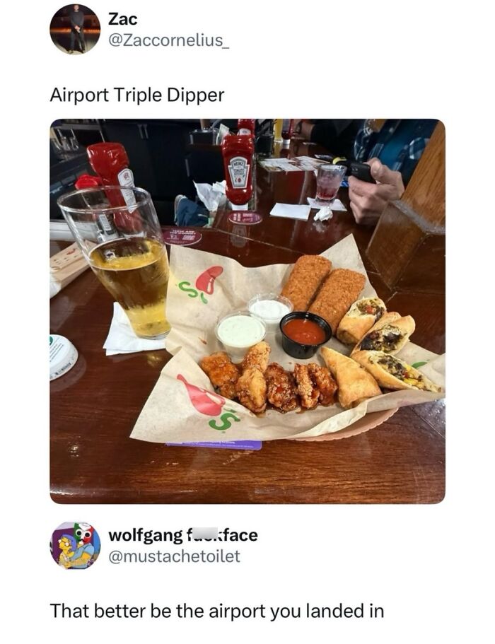Plate of assorted appetizers labeled airport triple dipper
