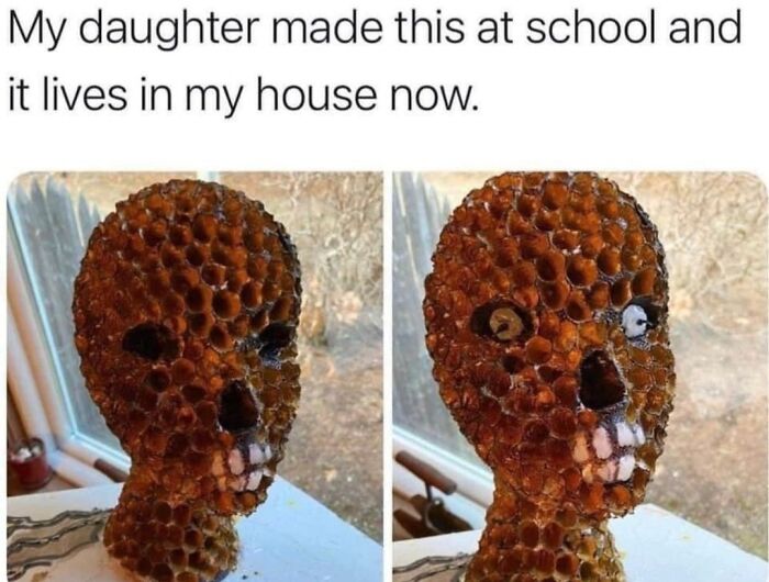 Random memes showing honeycomb skull sculpture made by daughter