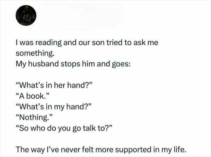 Text meme about a husband supporting his wife while reading