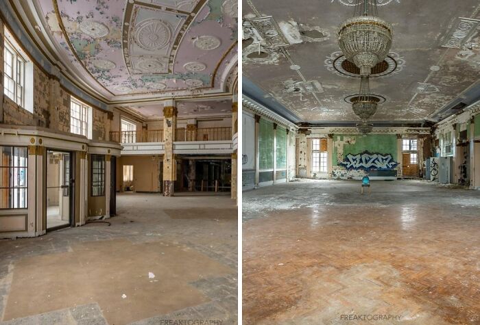Old classroom with wooden desks and pictures on the walls inside the abandoned mansion