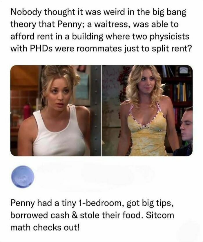 Memes about Penny's rent and lifestyle compared to physicists in Big Bang Theory sitcom