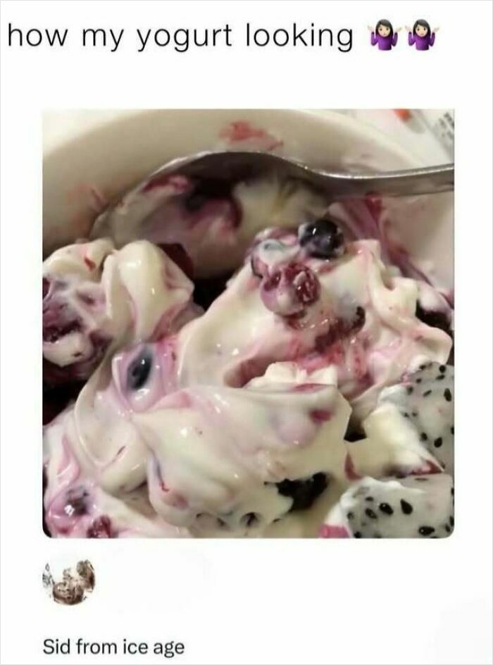 Yogurt with mixed berries resembling Sid from Ice Age meme