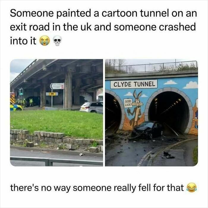 Hilarious meme of cartoon tunnel painting causing real car crash in UK