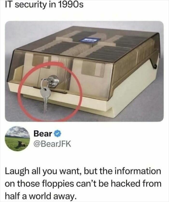 1990s IT security uses locked floppy disk holder with key meme
