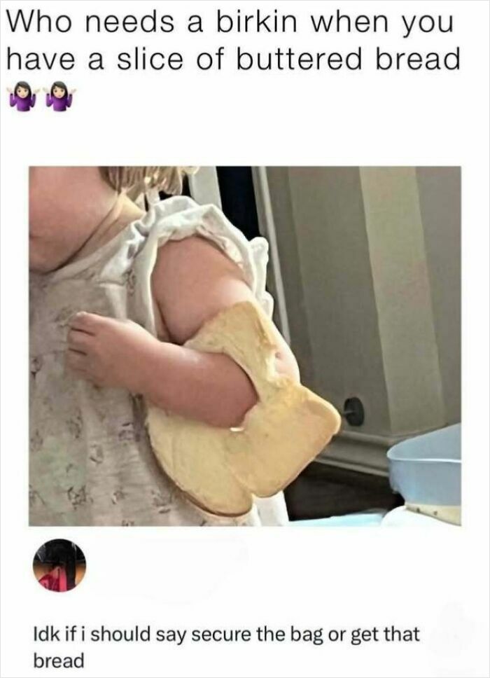 Funny meme comparing a birkin bag to a slice of buttered bread as a handbag
