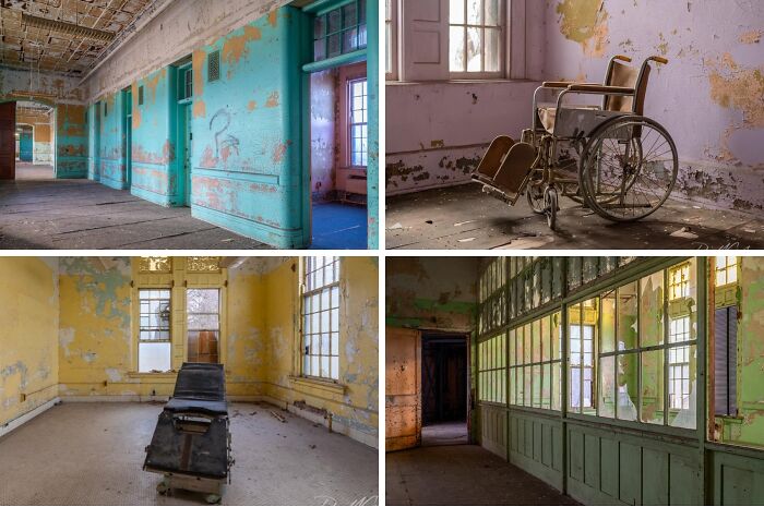 Interior hallways and rooms with peeling paint and old wheelchair in abandoned mansion