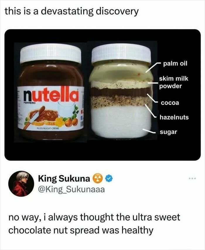 Funny Nutella jar ingredients meme revealing unhealthy layers
