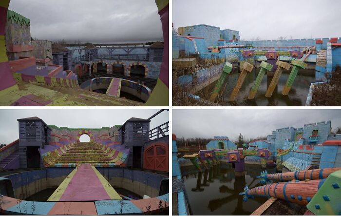 Colorful urban exploration of abandoned amusement park structures