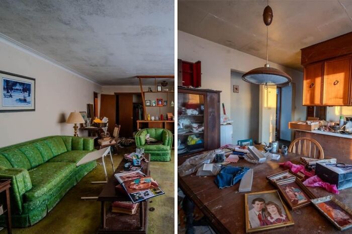Dusty grand staircase and damaged interior inside abandoned mansion