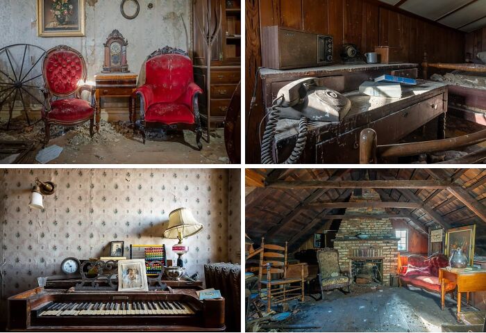 Interior wooden room with a wrapped piano and bookcase inside the abandoned mansion
