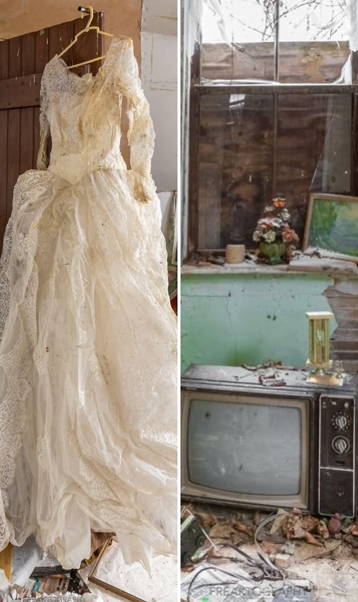 Decayed interior rooms with peeling paint and old furniture in abandoned mansion