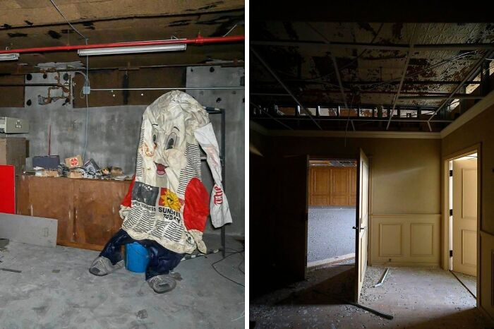 Eerie abandoned mansion basement with creepy costume and cluttered floor