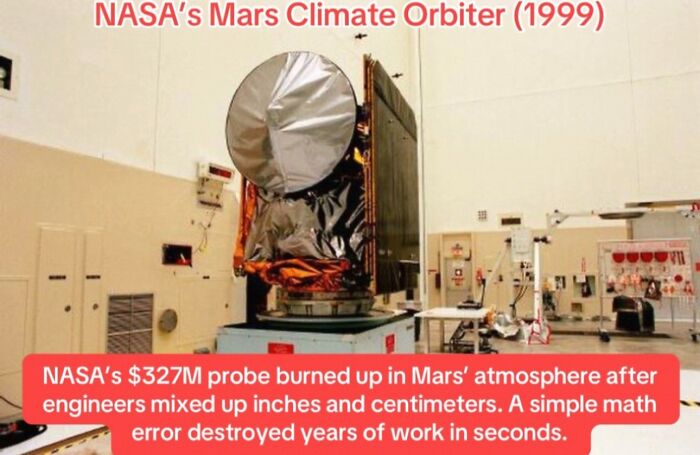 NASA Mars Climate Orbiter probe lost due to a math error, destroying years of space research