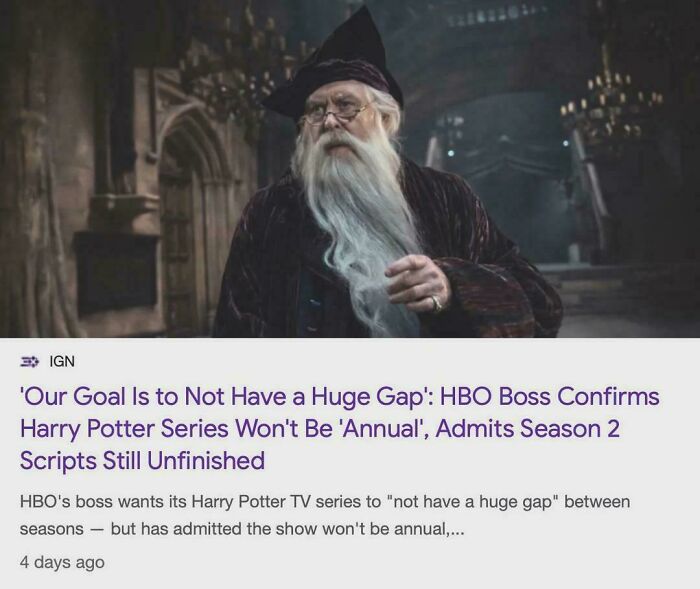 A news article about a Harry Potter series, with an image of Dumbledore, discusses nonsensical movie details.