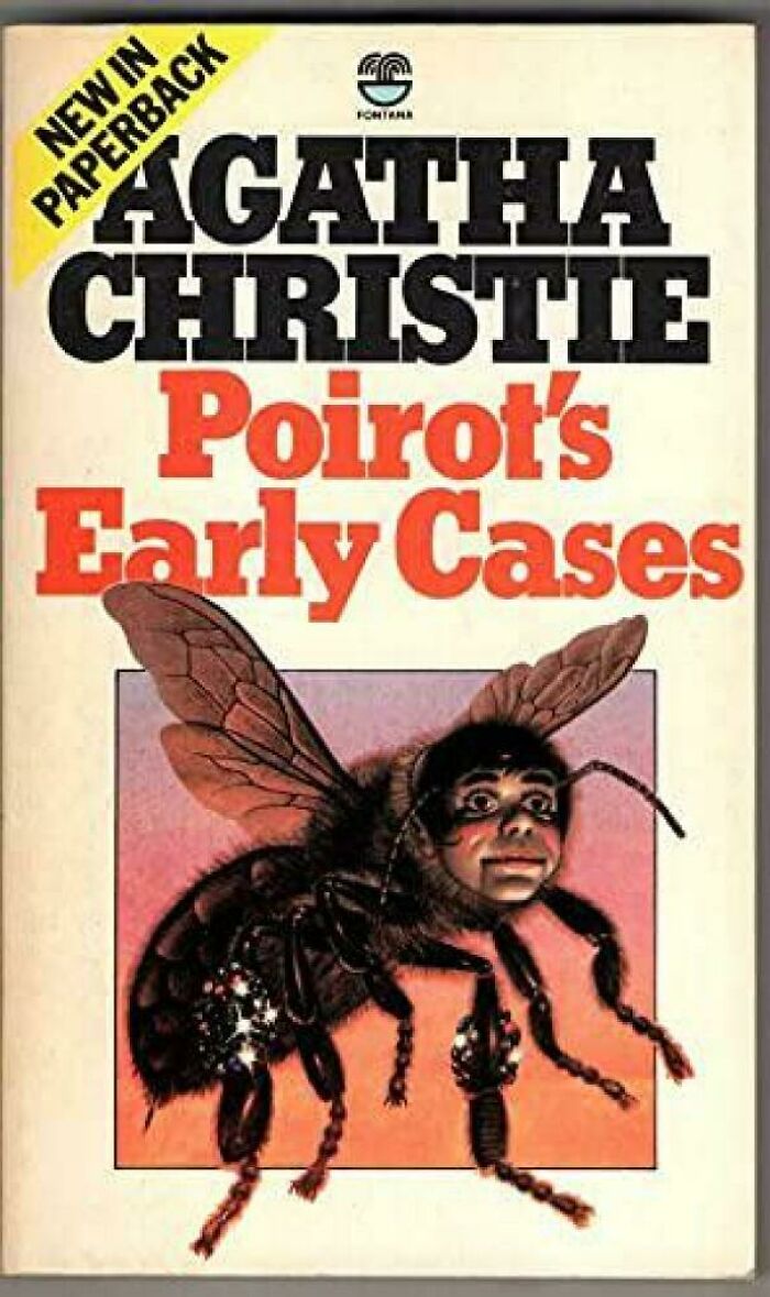 Unhinged book cover of Poirot's Early Cases featuring a creepy human-faced bee.