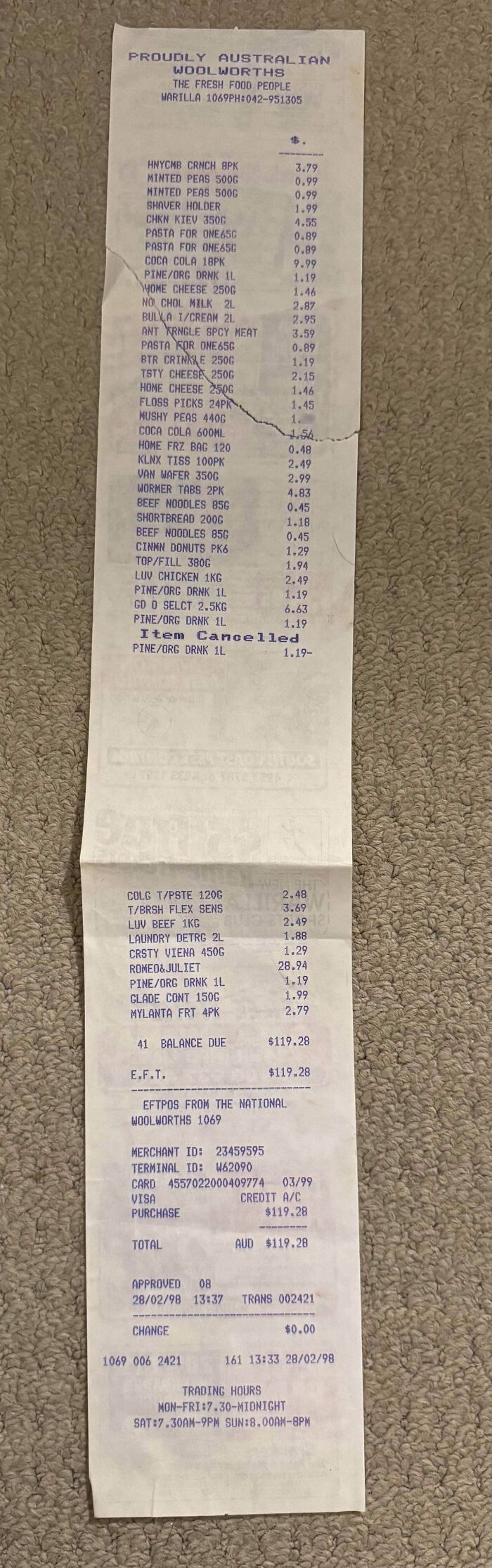 A detailed receipt from a supermarket, an interesting post that an Aussie would fully understand.