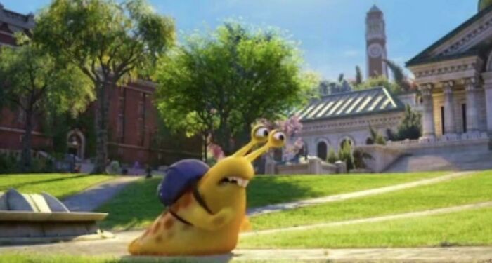 A cartoon snail with a blue shell looks surprised on a green lawn, highlighting nonsensical movie details.