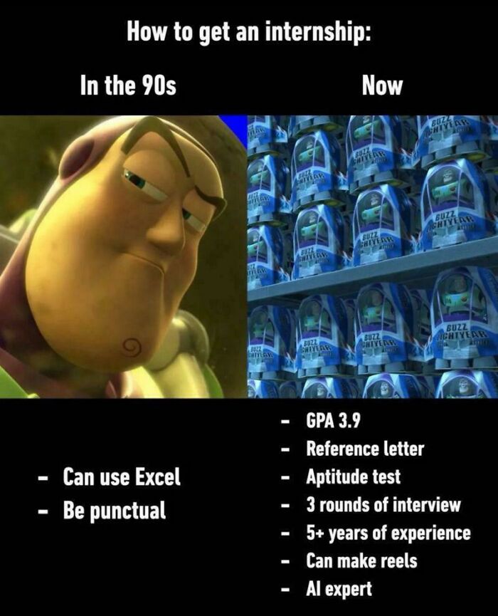 A meme comparing simple 90s internship requirements to complex current ones, highlighting recruiting hell.