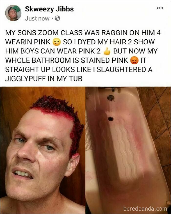 Father dyes hair pink to support son facing teasing in Zoom class