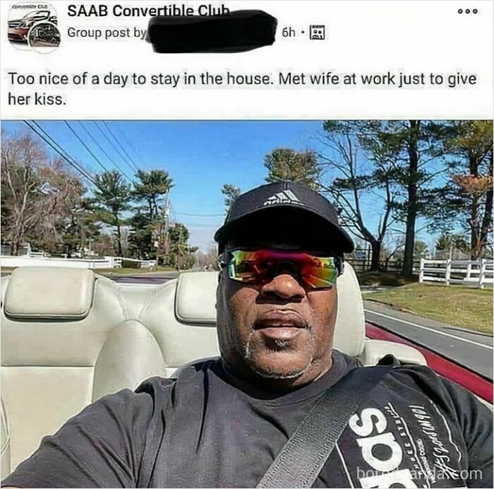 Man in a convertible car wearing sunglasses sharing a story about meeting his wife just to give her a kiss