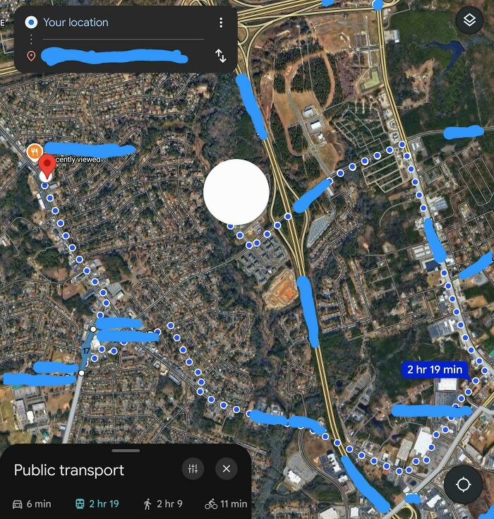 Google Maps shenanigans with distorted road view and scribbles obscuring image