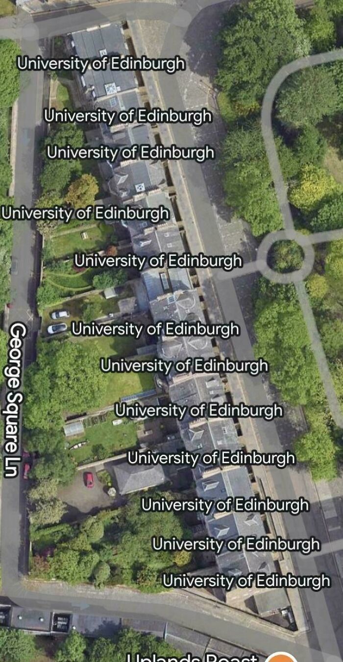 Aerial view of University of Edinburgh location repeatedly labeled on Google Maps shenanigans