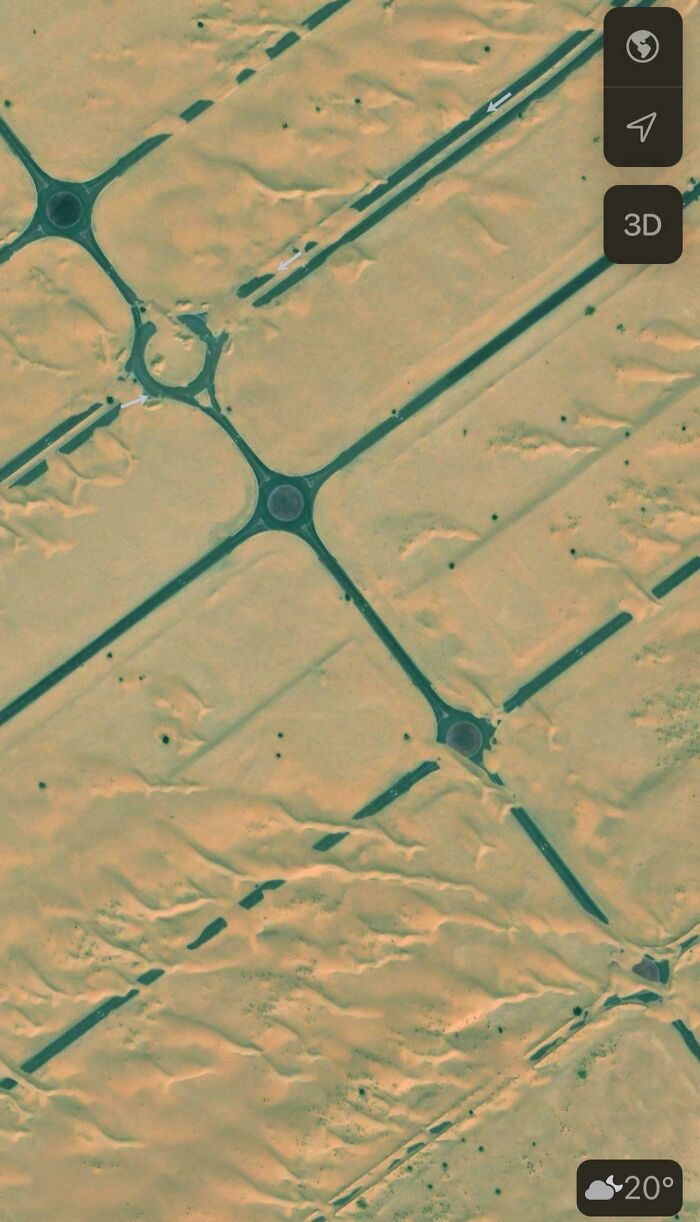 Google Maps aerial view of roundabouts in a desert landscape