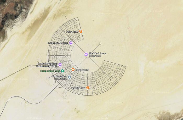 Satellite view of the Burning Man festival layout in the Black Rock Desert on Google Maps