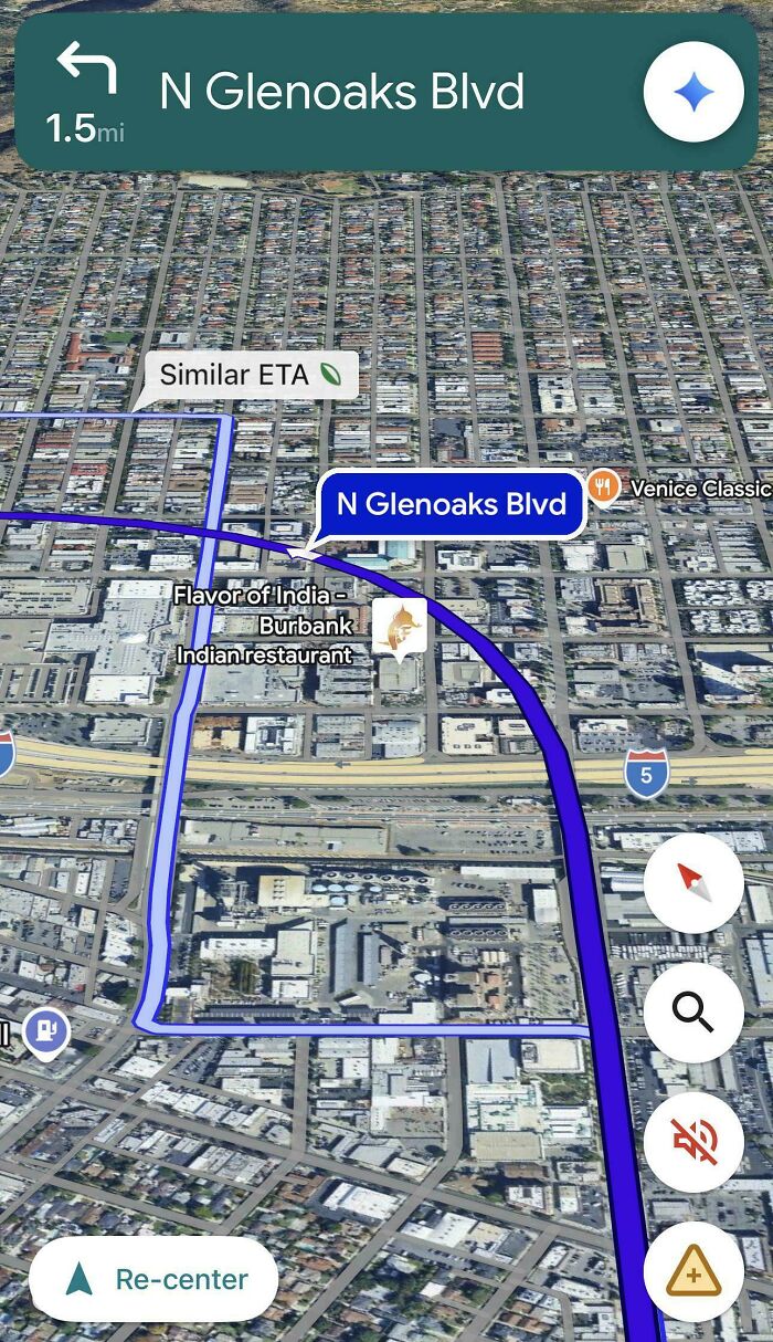 Google Maps aerial view showing N Glenoaks Blvd route and nearby landmarks in detailed shenanigans view