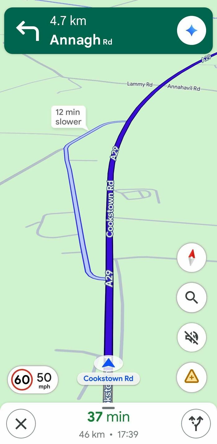 Google Maps route screenshot highlighting a 12-minute slower alternate route on Annagh Rd