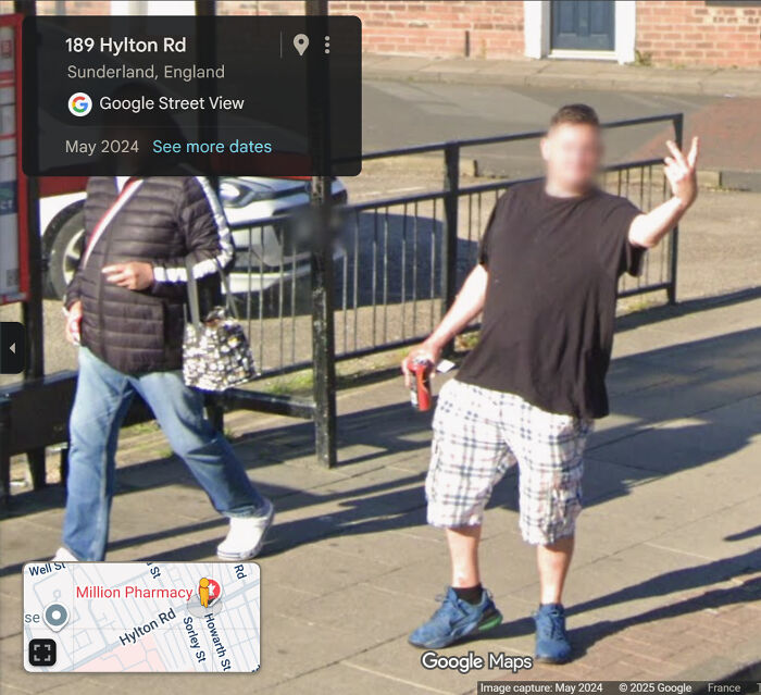 Google Street View image of a person at 189 Hylton Rd Sunderland showing unexpected street capture