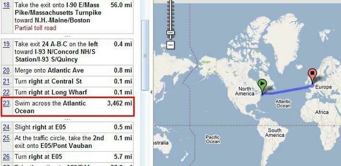 Google Maps directions with unusual swim across the Atlantic Ocean step