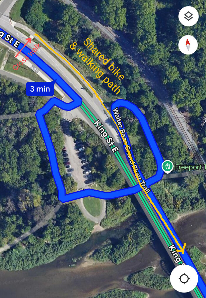 Google Maps screenshot showing shared bike and walking path route map