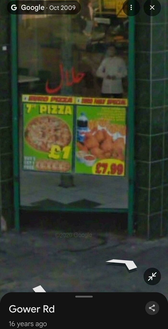 Google Maps showing pizza shop menu with prices on Gower Rd storefront