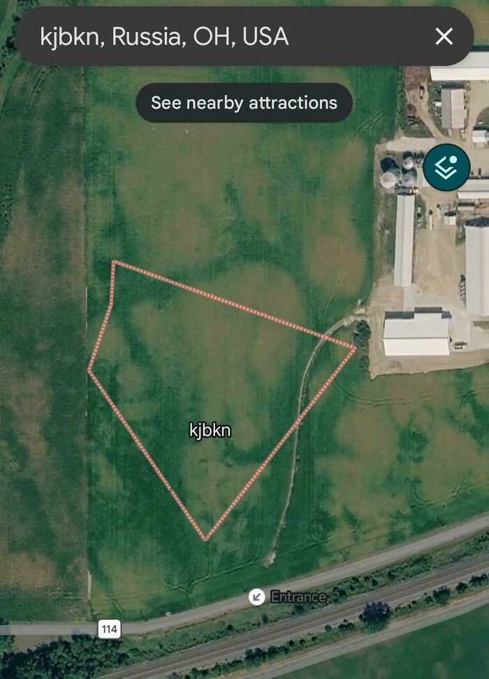 Satellite view of oddly named area kjbkn in Russia, Ohio, USA on Google Maps