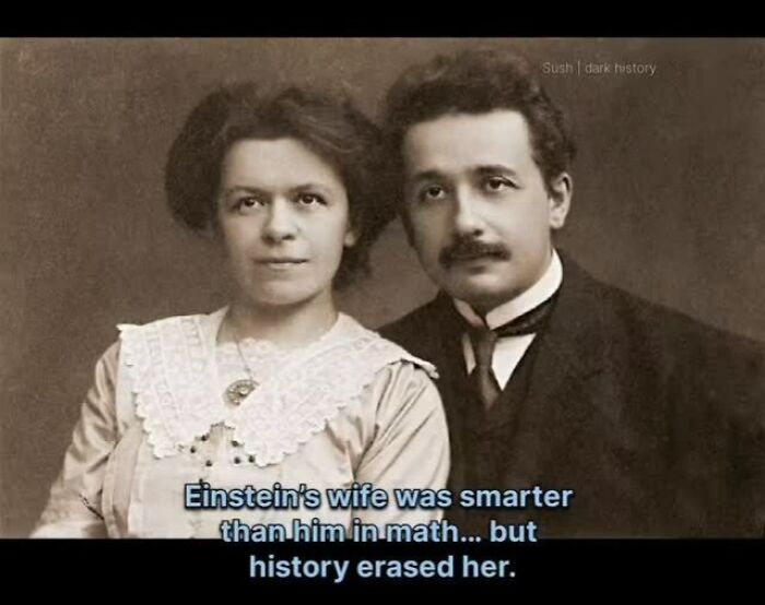 Historical photo of Einstein and his wife noting her intelligence and historical erasure