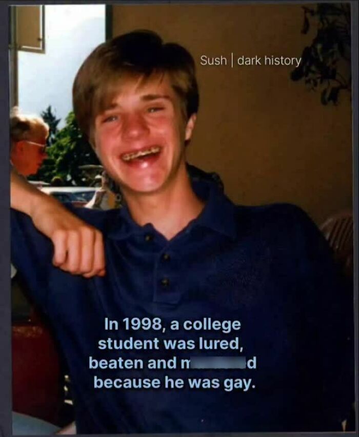 Photo of a young man with text about a 1998 hate crime against a gay college student