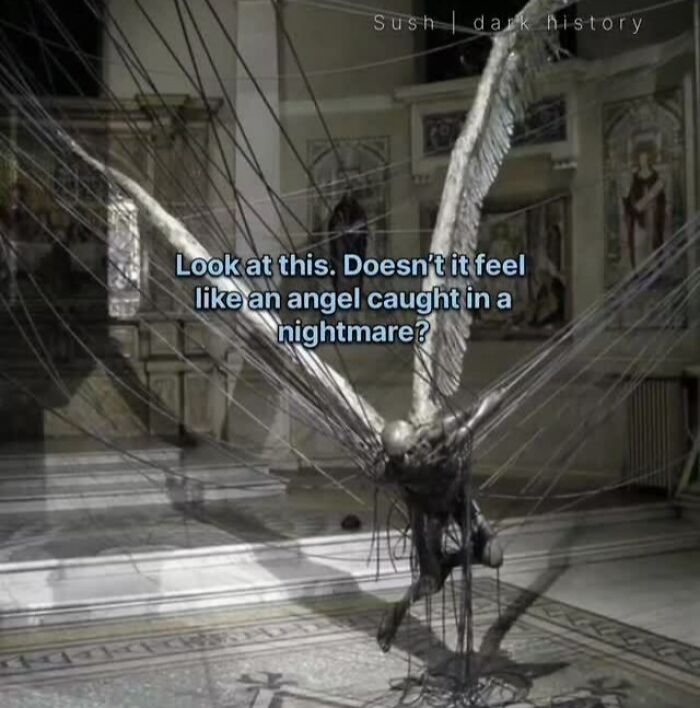 Sculpture of winged figure trapped in wires with text about angel nightmare in creepy facts