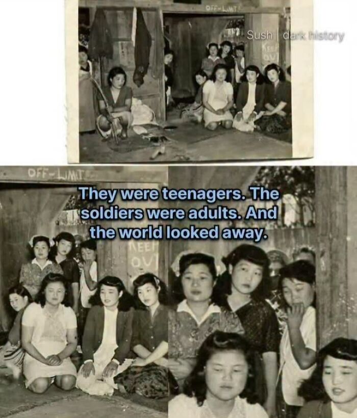 Black and white photo of teenage girls with text about soldiers and world ignoring in historical facts