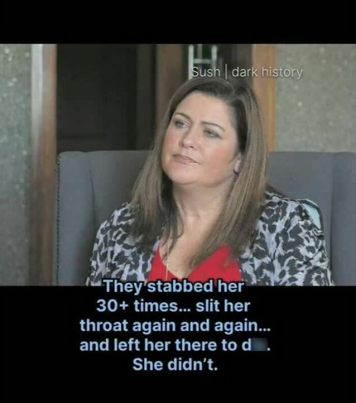 Woman with somber expression with text about surviving stabbing in horrifying historical facts