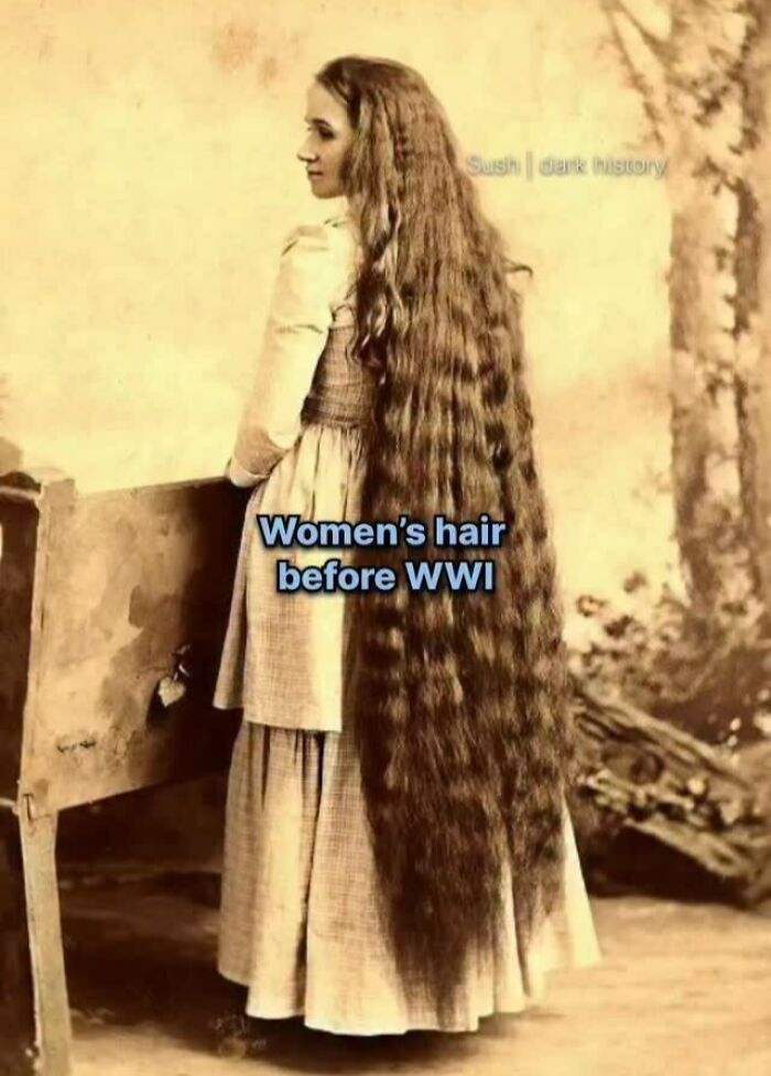 Sepia photo of woman with extremely long hair before WWI